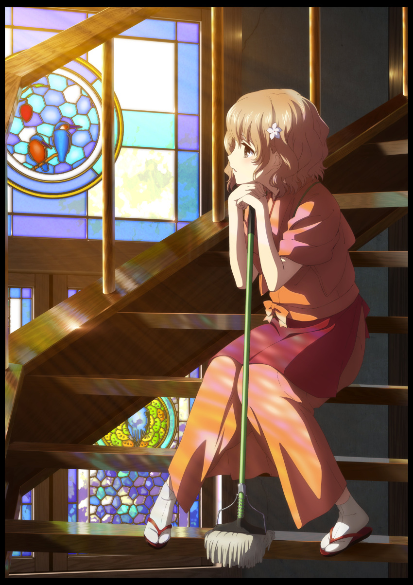 1girl absurdres brown_eyes chin_rest flower hair_flower hair_ornament hanasaku_iroha highres holding indoors japanese_clothes kimono light_brown_hair matsumae_ohana official_art red_apron scan short_hair sitting socks solo stairs white_flower white_legwear