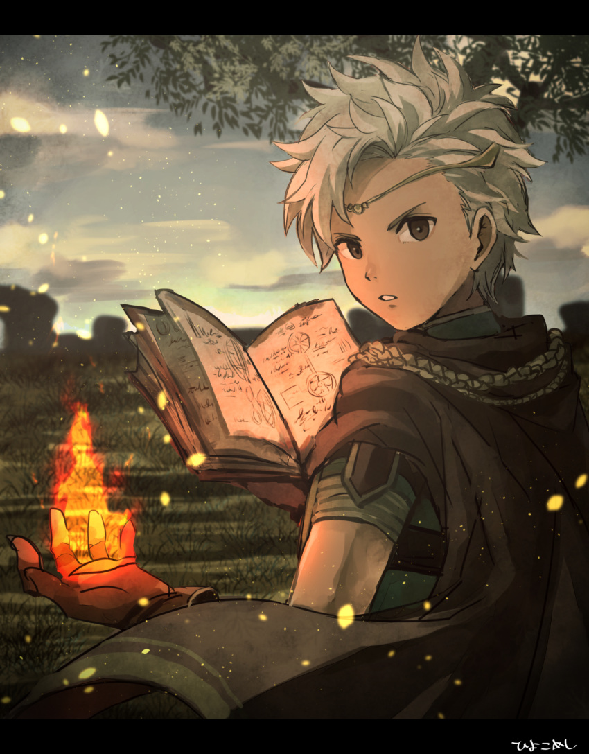 1boy back boey_(fire_emblem) book brown_eyes cape circlet dark_skin dark_skinned_male fingerless_gloves fire fire_emblem fire_emblem_echoes:_mou_hitori_no_eiyuuou gloves grass highres kometubu0712 leaf male_focus sky solo teeth tree upper_body white_hair