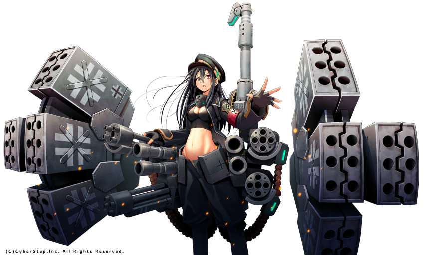 1girl ammunition_belt black_hair breasts bustier cleavage cosmic_break fingerless_gloves gatling_gun gloves gun hat highres iron_cross jacket lisel_zweig looking_at_viewer medium_breasts midriff military military_uniform morizo_cs navel official_art open_clothes open_jacket open_mouth open_pants outstretched_arm panties peaked_cap red_eyes rocket_launcher solo standing stomach underwear uniform weapon white_background