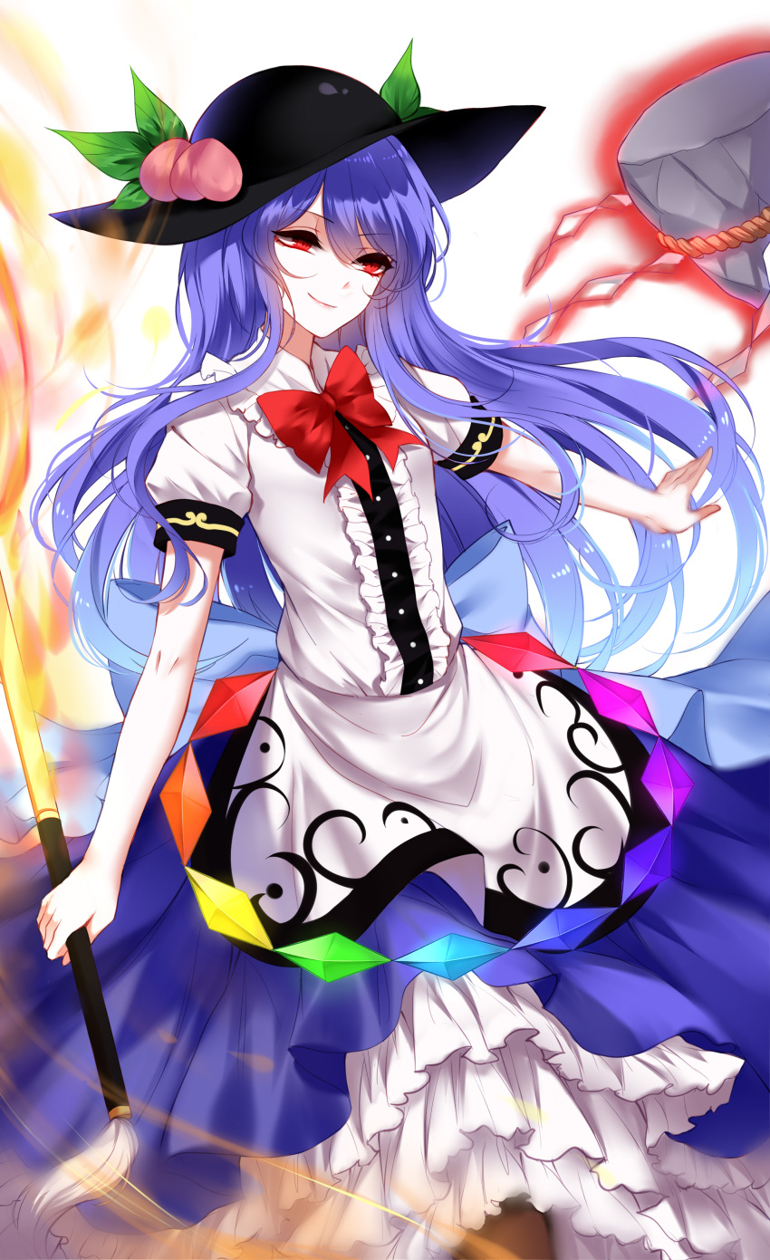 1girl absurdres black_hat blue_hair blue_skirt eyebrows_visible_through_hair food fruit hat highres hinanawi_tenshi holding holding_sword holding_weapon keystone long_hair peach puffy_short_sleeves puffy_sleeves red_eyes red_ribbon ribbon sheya shirt short_sleeves skirt smile solo sword sword_of_hisou touhou weapon white_background white_shirt