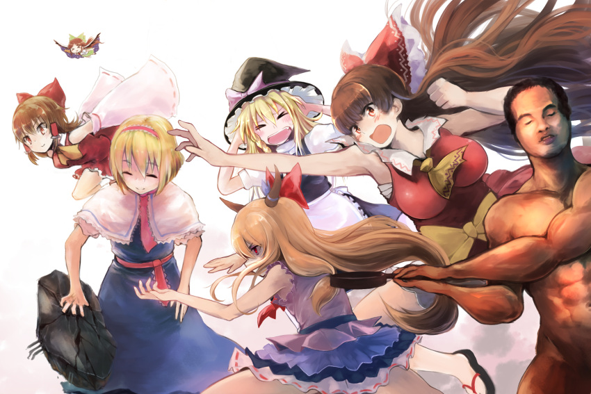 &gt;:) &gt;_&lt; 1boy 5girls :d ^_^ alice_margatroid apron arm_cannon armpits ascot bangs bare_arms bird_wings black_dress blonde_hair blue_dress blush bow breasts brown_hair cape capelet chibi closed_eyes cookie_(touhou) damenano104 detached_sleeves dress fine_art_parody floating_hair flying frying_pan hair_between_eyes hair_bow hair_tubes hairband hakurei_reimu hat highres horn_bow horns ibuki_suika kanna_(cookie) kirisame_marisa large_breasts layered_skirt lolita_hairband long_hair multiple_girls neck_ribbon nontraditional_miko nude open_mouth outstretched_arms parody pose puffy_short_sleeves puffy_sleeves red_eyes red_shirt red_skirt reiuji_utsuho ribbon rock sarash sarashi sash shirt short_hair short_sleeves sidelocks skirt skirt_set sleeveless sleeveless_shirt smile spread_arms touhou very_long_hair waist_apron weapon wings witch_hat xd xo