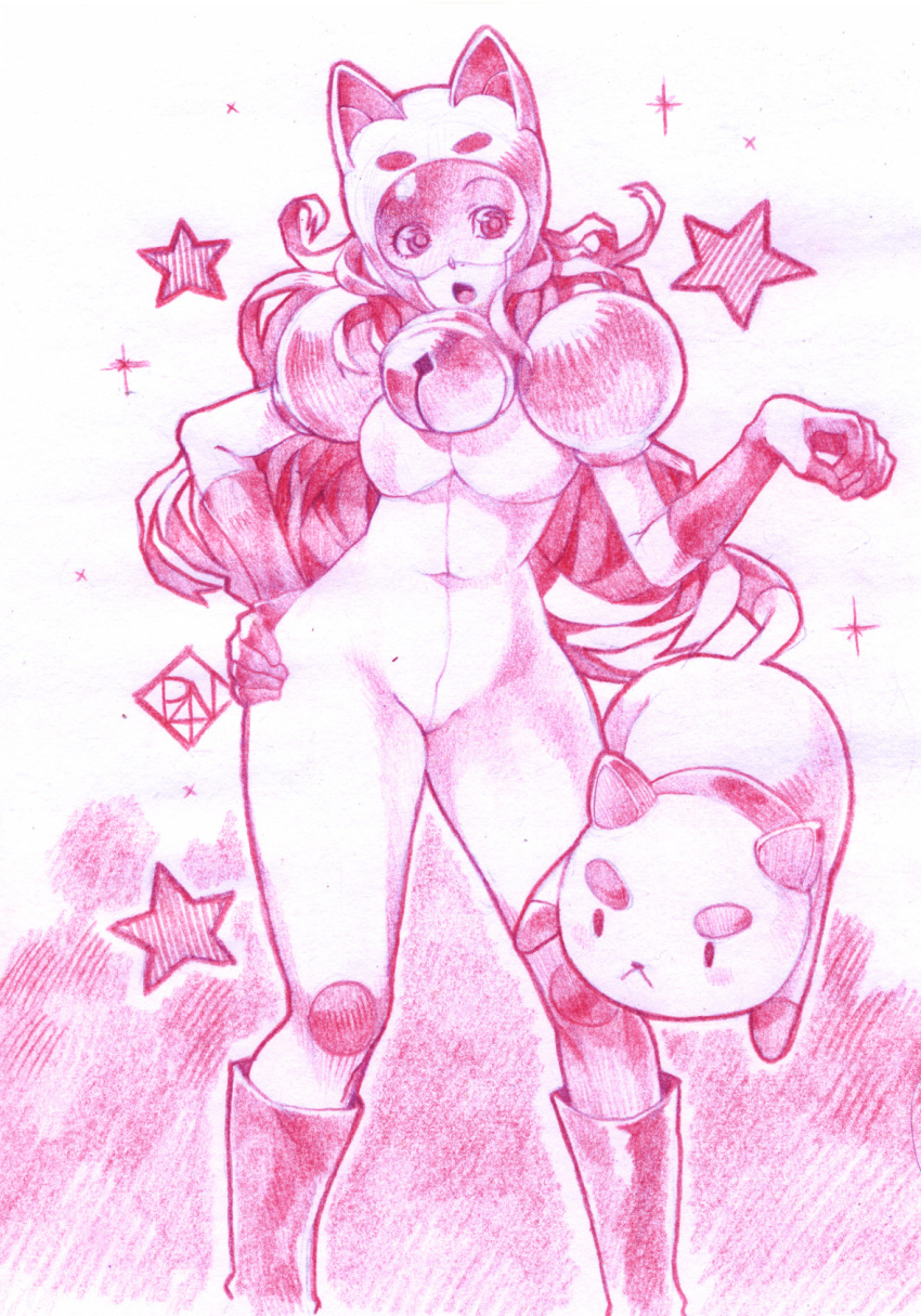1girl bee_(bee_and_puppycat) bee_and_puppycat bell bodysuit boots cat covered_navel curly_hair hand_on_hip helmet highres long_hair open_mouth pink poch4n puppycat sketch star