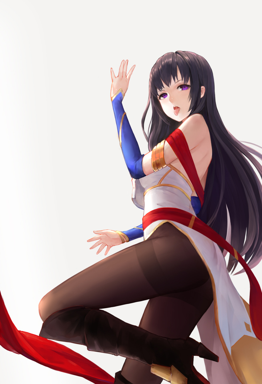 1girl :p armlet bangs bare_back bare_shoulders black_hair boots brown_boots brown_legwear character_request cjyoung commentary cowboy_shot detached_sleeves dress eyelashes fate/grand_order fate_(series) from_side groin hands_up high_heel_boots highres knee_boots leg_up looking_at_viewer one_leg_raised open_mouth original pantyhose pelvic_curtain red_ribbon ribbon saliva shoulder_blades simple_background solo standing standing_on_one_leg strapless strapless_dress teeth thighband_pantyhose tongue tongue_out upper_teeth violet_eyes white_background white_dress