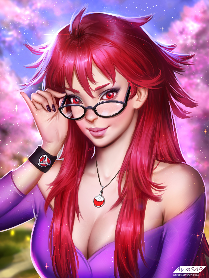 1girl absurdres adjusting_glasses artist_name ayya_saparniyazova black_nails blurry breasts cherry_blossoms cleavage collarbone depth_of_field glasses highres huge_filesize jewelry karin_(naruto) large_breasts nail_polish naruto necklace patreon_reward pink_lips red_eyes redhead smile solo sparkle watermark web_address wristband