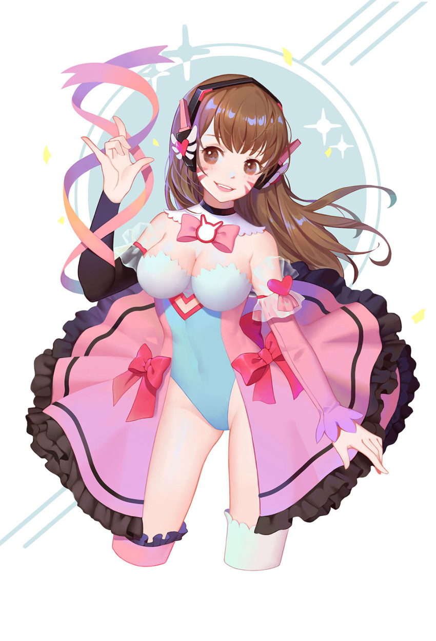 1girl animal_print bangs blush bodice bow breasts brown_eyes brown_hair bunny_print cleavage covered_navel cowboy_shot d.va_(overwatch) duximeng elbow_gloves facepaint facial_mark fang frilled_skirt frills gloves headphones heart highres large_breasts long_hair looking_at_viewer open_mouth overwatch pink_bow pink_lips pink_ribbon ribbon showgirl_skirt simple_background single_thighhigh skirt smile solo swept_bangs thigh-highs whisker_markings white_background white_legwear