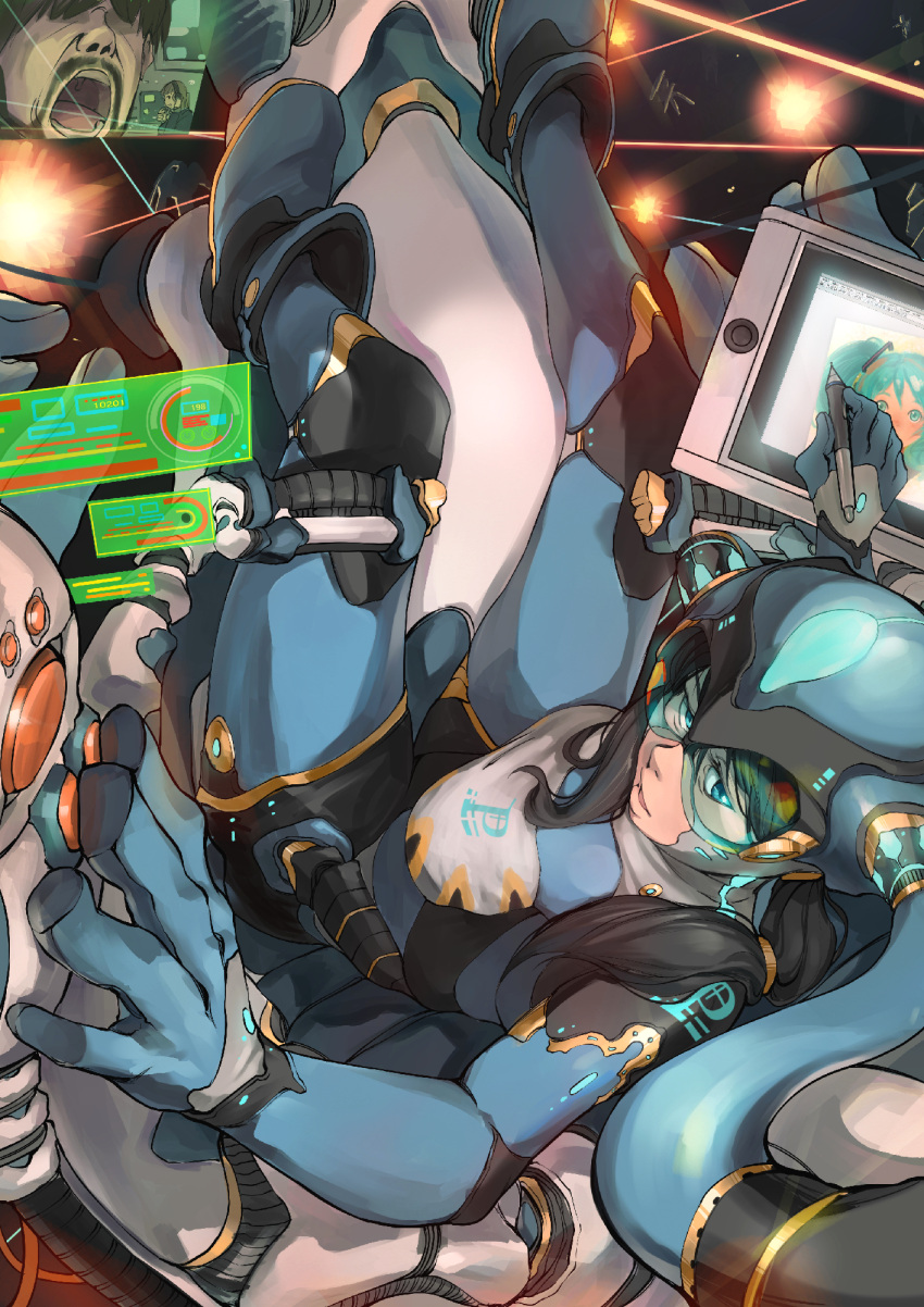 1girl bangs black_hair blue_bodysuit blue_boots blue_eyes bodysuit boots breasts cable cockpit commentary commentary_request drawing_tablet elbow_gloves full_body gloves hair_ornament hair_tie hatsune_miku helmet highres holding holding_pen holographic_interface holographic_touchscreen knee_pads long_hair looking_back mecha nose open_mouth original perspective pilot pilot_suit science_fiction sitting solo somehira_katsu stylus twintails vocaloid
