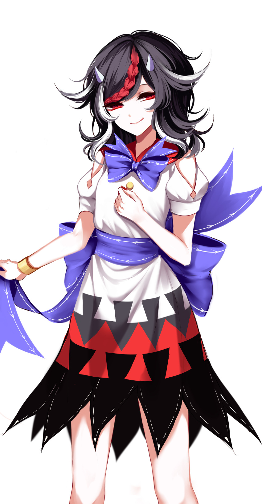1girl absurdres black_hair blue_ribbon bracelet dress highres horns jewelry kijin_seija multicolored_hair puffy_short_sleeves puffy_sleeves red_eyes red_ribbon redhead ribbon sheya short_hair short_sleeves simple_background smile solo streaked_hair tongue tongue_out touhou white_background white_hair