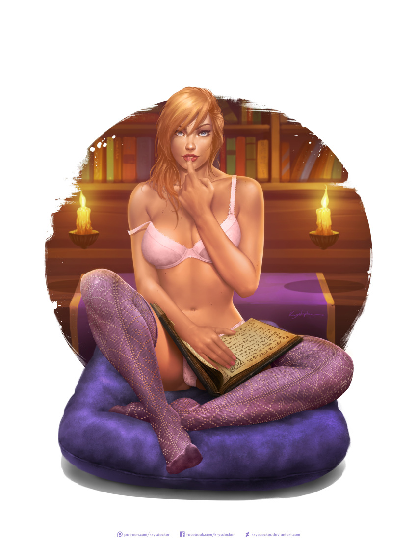 1girl absurdres artist_name bare_shoulders blonde_hair blue_eyes book bra breasts candle collarbone eyebrows highres jaina_proudmoore krystopher_decker lips looking_at_viewer navel parted_lips reading realistic revision solo thigh-highs thighs thong underwear warcraft