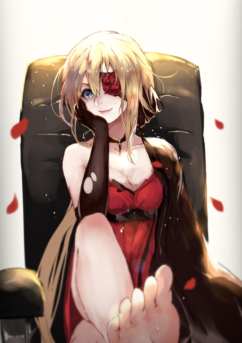 1girl absurdres bare_shoulders barefoot blonde_hair blue_eyes breasts chair chin_rest choker cleavage dress elbow_gloves eyepatch fang feet flower flower_eyepatch girls_frontline gloves highres legs_crossed long_hair looking_at_viewer low_ponytail medium_breasts petals ponytail rose rose_petals sitting smile solo toes torn_clothes torn_gloves vardan vz.61_(girls_frontline)