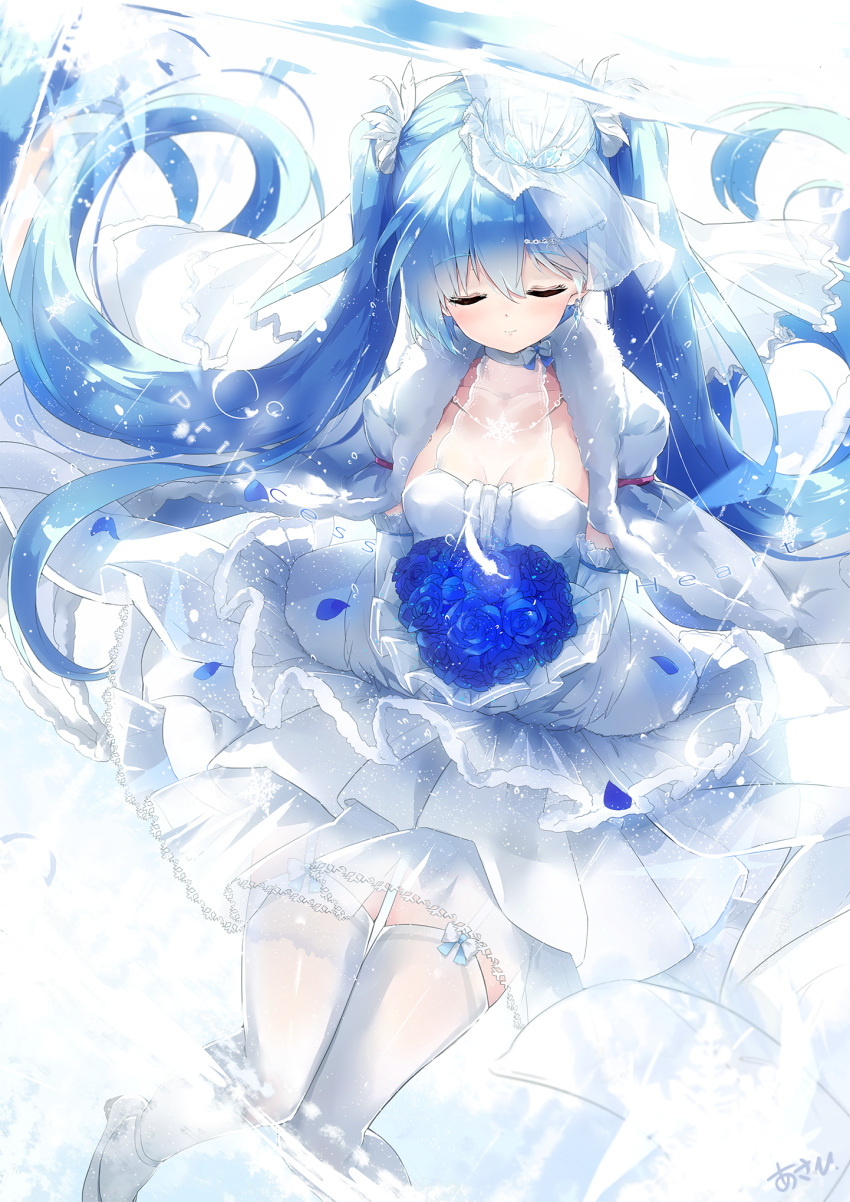 1girl blue_hair blue_rose bouquet closed_eyes dress flower hatsune_miku highres jewelry k.syo.e+ long_hair necklace petals rose snowflakes solo thigh-highs twintails very_long_hair vocaloid wedding_dress white_dress white_legwear