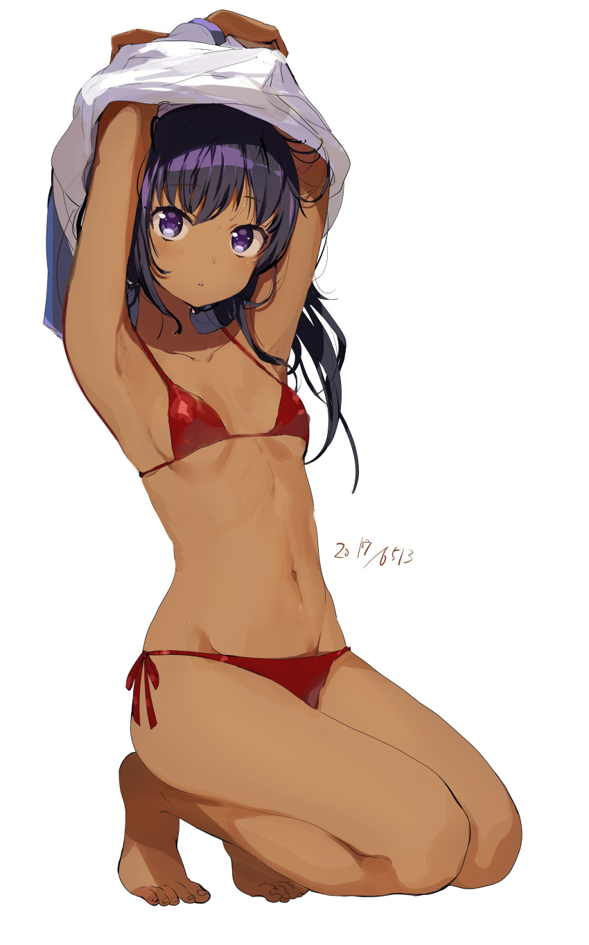 1girl a_k_o absurdres armpits bare_legs barefoot bikini breasts dark_skin dated eyebrows_visible_through_hair feet full_body highres kneeling long_hair looking_at_viewer navel parted_lips purple_hair red_bikini shirt_lift side-tie_bikini simple_background small_breasts solo string_bikini swimsuit swimsuit_under_clothes undressing violet_eyes white_background