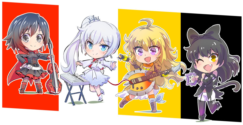 4girls ahegao ahoge black_hair blake_belladonna blonde_hair cape cat_tail chibi commentary_request ember_celica_(rwby) guitar highres iesupa instrument keyboard_(instrument) multiple_girls ponytail redhead ruby_rose rwby rwby_chibi tail tambourine weiss_schnee white_hair yang_xiao_long