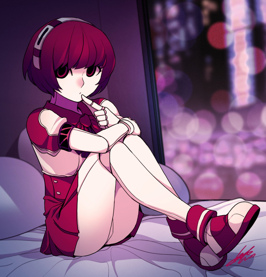 1girl absurdres ass dorothy_(va-11_hall-a) finger_to_mouth hair_ornament highres looking_at_viewer pink_eyes pink_hair puffy_sleeves robot robot_joints sitting skirt sungwon va-11_hall-a window
