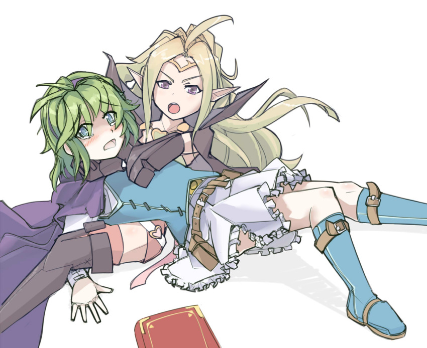 2girls :0 :o ahoge angry asphyxiation black_boots black_cape blonde_hair blue_boots blue_eyes blush book boots cape choking female fire_emblem fire_emblem:_kakusei fire_emblem:_rekka_no_ken fire_emblem_heroes frilled_skirt frills garter_straps gloves green_hair hairband legs long_hair long_sleeves looking_at_viewer lying mage multiple_girls nino_(fire_emblem) nintendo nowi_(fire_emblem) on_back open_mouth pointy_ears ponytail purple_cape round_teeth serious short_hair skirt tears teeth thigh-highs thigh_boots tiara violet_eyes white_skirt