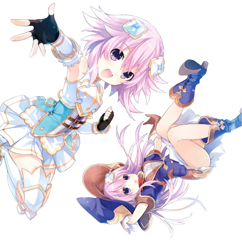 10s 2girls armor armored_boots boots breastplate choujigen_game_neptune dress elbow_gloves eyebrows_visible_through_hair fingerless_gloves four_goddesses_online:_cyber_dimension_neptune gauntlets gloves hair_ornament hat highres knee_boots long_hair looking_at_viewer multiple_girls nepgear neptune_(choujigen_game_neptune) neptune_(series) official_art open_mouth purple_hair short_dress short_hair short_sleeves skirt sleeveless smile thigh-highs transparent_background tsunako violet_eyes waifu2x witch_hat zettai_ryouiki