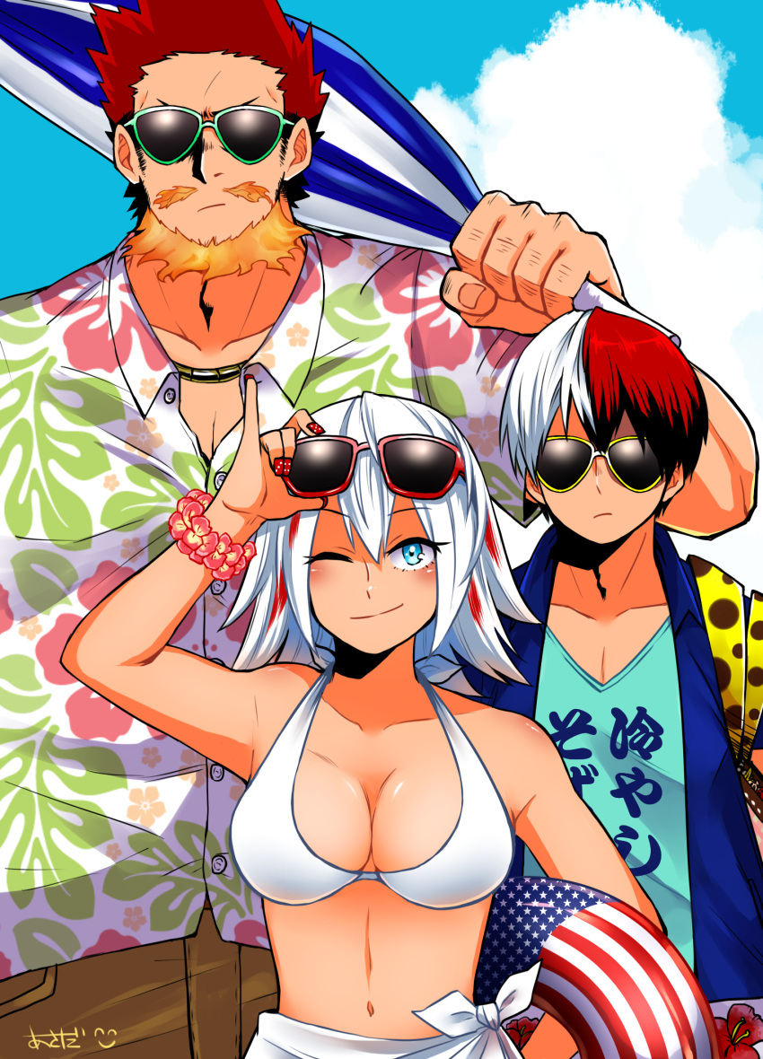 1girl 2boys ;) american_flag beach bikini blue_sky boku_no_hero_academia breasts brother_and_sister cleavage clouds collarbone collared_shirt commentary_request day facial_hair family father_and_daughter father_and_son fire floral_print flower goatee highres innertube looking_at_viewer maririn_4645 medium_breasts multicolored_hair multiple_boys mustache nail_polish navel one_eye_closed open_clothes pants redhead shirt siblings sideburns sky smile sunglasses sunglasses_on_head swimsuit todoroki_enji todoroki_fuyumi todoroki_shouto towel_around_waist two-tone_hair umbrella white_bikini_top white_hair
