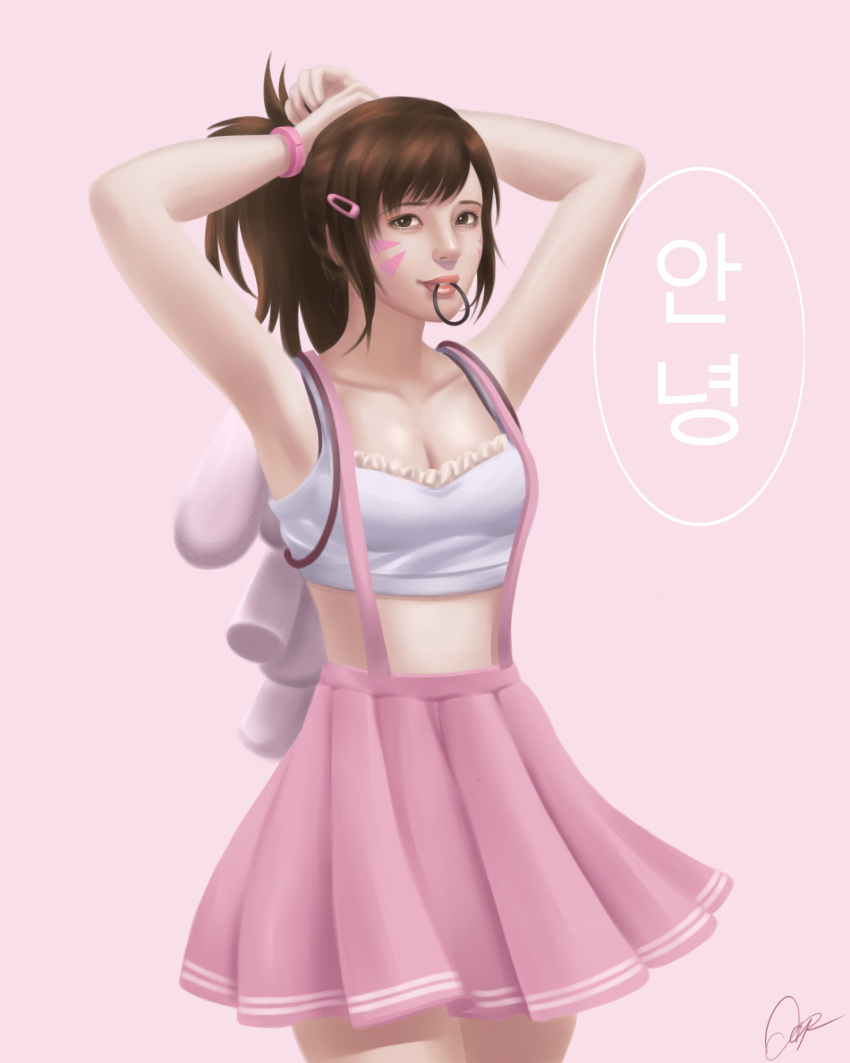 1girl adrian_romero alternate_costume arms_up asian bangs breasts brown_eyes brown_hair casual cleavage collarbone cowboy_shot crop_top d.va_(overwatch) facepaint facial_mark hair_ornament hair_tie hairclip hands_in_hair highres korean lips long_hair looking_at_viewer mouth_hold nose overwatch parted_lips pink_background pink_lips pink_skirt pleated_skirt shirt short_sleeves signature simple_background skirt small_breasts smile solo speech_bubble suspender_skirt suspenders swept_bangs translation_request tying_hair whisker_markings white_shirt wristband