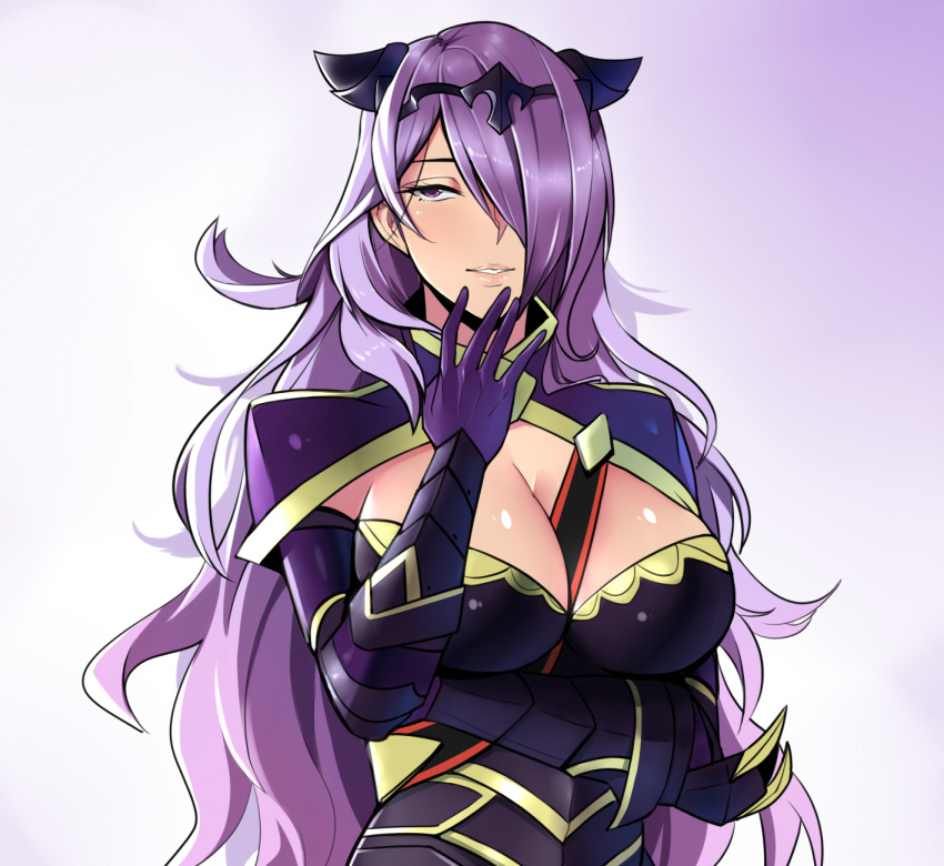 1girl armor black_armor blush breasts camilla_(fire_emblem_if) cleavage fire_emblem fire_emblem_if gloves hair_over_one_eye highres large_breasts lips long_hair looking_at_viewer purple_hair smile solo tiara very_long_hair violet_eyes wavy_hair