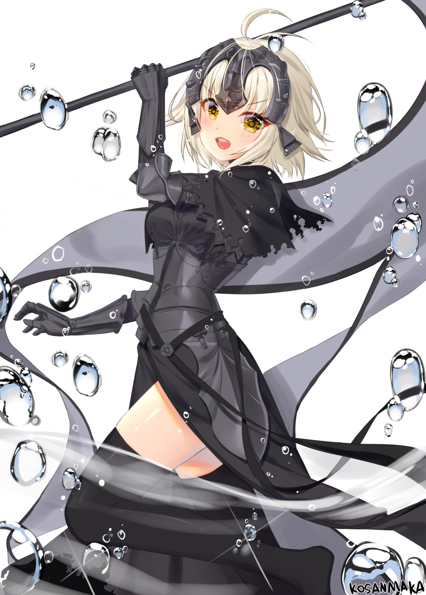 &gt;:d 1girl :d ahoge armor armored_dress bangs black_dress black_legwear blush breasts capelet dress fate/grand_order fate_(series) faulds flag from_side gauntlets headpiece highres jeanne_alter kosanmaka leg_up looking_at_viewer looking_to_the_side medium_breasts open_mouth ruler_(fate/apocrypha) short_hair smile solo thigh-highs white_hair yellow_eyes