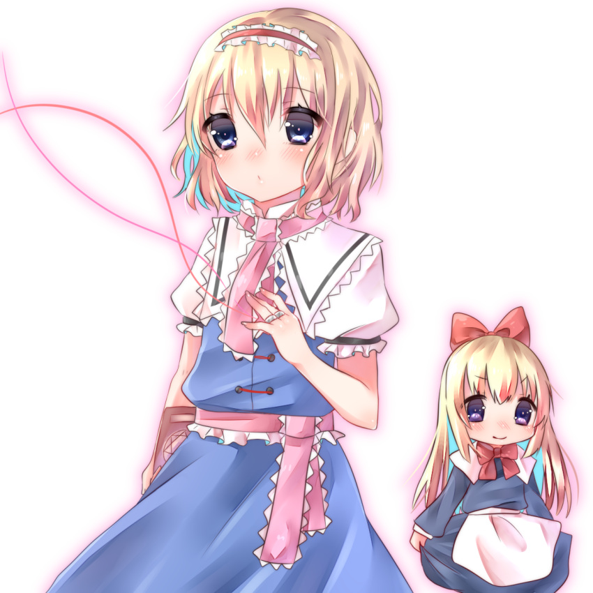 1girl 2girls aayatakasan alice_margatroid blonde_hair blue_dress blue_eyes blush capelet dress hairband highres lolita_hairband multiple_girls puffy_short_sleeves puffy_sleeves sash shanghai_doll short_sleeves touhou yuu_(ayatakasan)