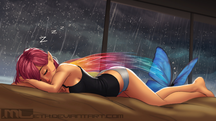 1girl bangs barefoot breasts butt_crack butterfly chemise closed_eyes commentary erylia_(mleth) eyebrows_visible_through_hair fairy fairy_wings lying minigirl mleth no_pants on_stomach original panties pink_hair pointy_ears rain short_hair sleeping small_breasts solo swept_bangs underwear watermark web_address window wings zzz