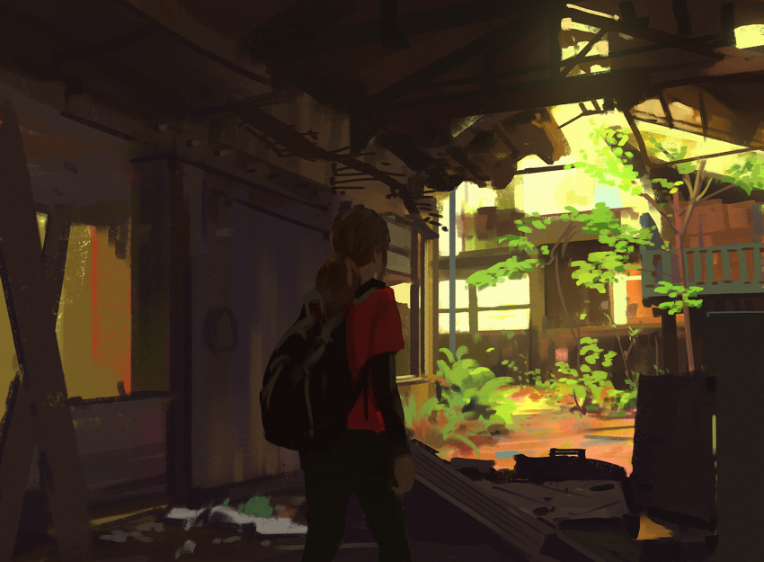 1girl backpack bag brown_hair ellie_(the_last_of_us) low_ponytail overgrown plant ponytail red_shirt ruins scenery shirt snatti t-shirt the_last_of_us urban