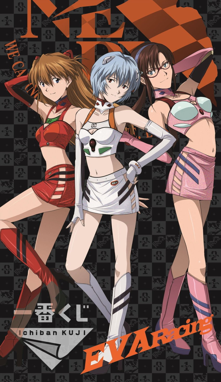 3girls arm_behind_head ayanami_rei blue_eyes blue_hair blue_hairband boots breasts brown_eyes brown_hair choker cleavage collarbone copyright_name crop_top elbow_gloves fingerless_gloves glasses gloves hairband hand_on_hip high_heel_boots high_heels highres knee_boots leaning_back long_hair looking_at_viewer makinami_mari_illustrious midriff miniskirt multiple_girls navel neon_genesis_evangelion one_leg_raised pink_boots pink_gloves pink_skirt racequeen red_boots red_gloves red_skirt short_hair skirt small_breasts smile souryuu_asuka_langley stomach white_boots white_gloves white_skirt