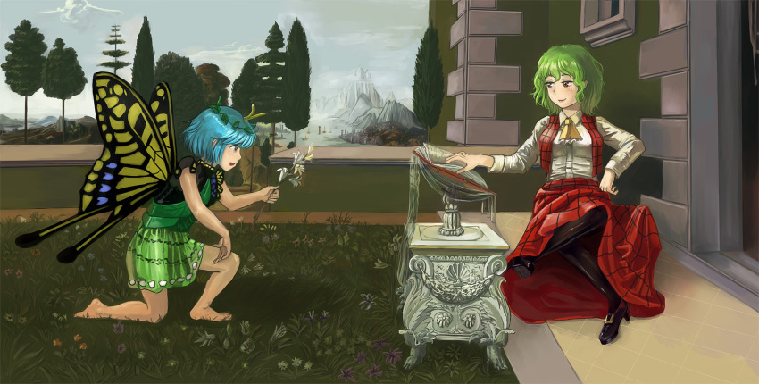 2girls amibazh ascot barefoot black_legwear blue_hair blush book butterfly_wings commentary eternity_larva eye_contact fine_art_parody flower grass green_eyes green_hair hand_up head_wreath high_heels highres holding holding_flower kazami_yuuka kneeling legs_crossed long_skirt looking_at_another looking_to_the_side looking_up mountain multiple_girls open_mouth pantyhose parody red_eyes short_hair sitting skirt skirt_set sky smile touhou tree vest wings