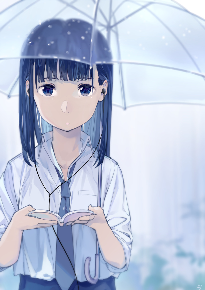 1girl :o bangs blue_eyes blue_hair blurry book dress_shirt earphones highres holding holding_book holding_umbrella long_hair looking_at_viewer necktie open_book ouchi_kaeru parted_lips rain shirt sleeves_rolled_up solo the_r.a.i.n.s. umbrella upper_body