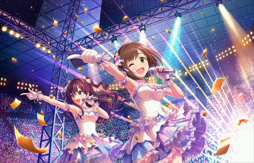 2girls :3 :d arms_up artist_request bangs blue_dress blue_eyes blue_ribbon blush bob_cut bow breasts brown_hair ceiling cinderella_dream concert confetti crowd curly_hair dancing detached_sleeves dot_nose dress dutch_angle eyebrows_visible_through_hair fang flying_sweat frilled_dress frilled_gloves frilled_sleeves frills gloves glowstick green_eyes hair_between_eyes hair_bow hair_ornament hair_over_shoulder hair_ribbon holding holding_microphone ichinose_shiki idol idolmaster idolmaster_cinderella_girls idolmaster_cinderella_girls_starlight_stage index_finger_raised indoors jewelry layered_dress light_particles light_rays long_hair looking_away maekawa_miku matching_outfit medium_breasts microphone multiple_girls music necklace official_art one_eye_closed open_mouth outstretched_arm parted_bangs pearl_necklace pendant polka_dot polka_dot_dress ribbon singing sleeveless sleeveless_dress smile stage stage_lights standing star star_hair_ornament sweat swept_bangs tiara tile_ceiling tiles two_side_up white_bow white_dress white_gloves