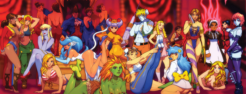 1boy 6+girls abs adapted_costume alex_(street_fighter) alternate_costume american_flag_bikini ankle_socks anklet antenna_hair apron ass asymmetrical_clothes aulbath aura balrog bare_legs barefoot bikini bishamon blanka blonde_hair blue_eyes blue_hair blue_skin bolt braid breasts brown_hair bun_cover chun-li claw_(weapon) cocktail_dress commentary dark_skin demitri_maximoff donovan_baine double_bun dress drill_hair duplicate earrings elbow_gloves enmaided feet felicia female fingerless_gloves flag_print full_body_tattoo gai_(final_fight) genderswap genderswap_(mtf) gloves gouki green_skin guile hair_ornament hair_over_one_eye hairband hairclip harem head_fins headband high_heels highres hoop_earrings impossible_clothes jedah_dohma jewelry kanzuki_karin ken_masters large_breasts large_syringe legs_crossed legs_up leotard lips long_hair maid mask mask_removed medium_breasts mermaid midnight_bliss monster_girl multiple_girls neck_ring no_panties nurse open-back_dress orange_hair oversized_object purple_gloves purple_legwear purple_skin q-bee red_shoes redhead revealing_clothes ringlets robert_porter shoes short_shorts shorts single_braid skull_hair_ornament socks soles sports_bra sportswear stiletto_heels strapless strapless_leotard street_fighter street_fighter_vs._darkstalkers swimsuit syringe tattoo tennis_uniform the_pose thick_eyebrows thigh-highs thighs toes tonfa two-tone_skin vampire_(game) vega very_long_hair vest victor_von_gerdenheim waist_apron weapon wrist_cuffs zabel_zarock