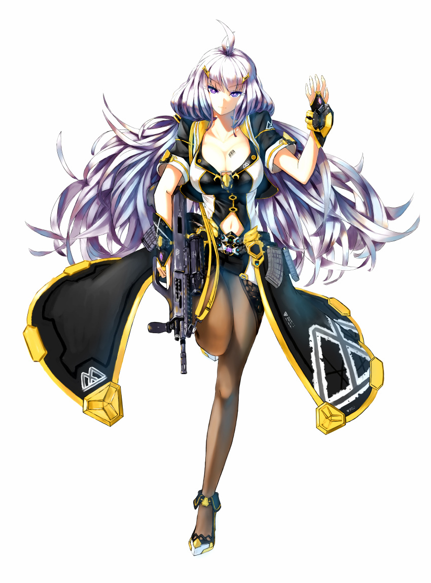 1girl absurdres assault_rifle barcode_tattoo black_legwear breasts bridal_gauntlets bullpup cleavage gun highres large_breasts legs long_hair original rifle skirt solo steyr_aug tagme tattoo thigh-highs very_long_hair violet_eyes weapon white_hair