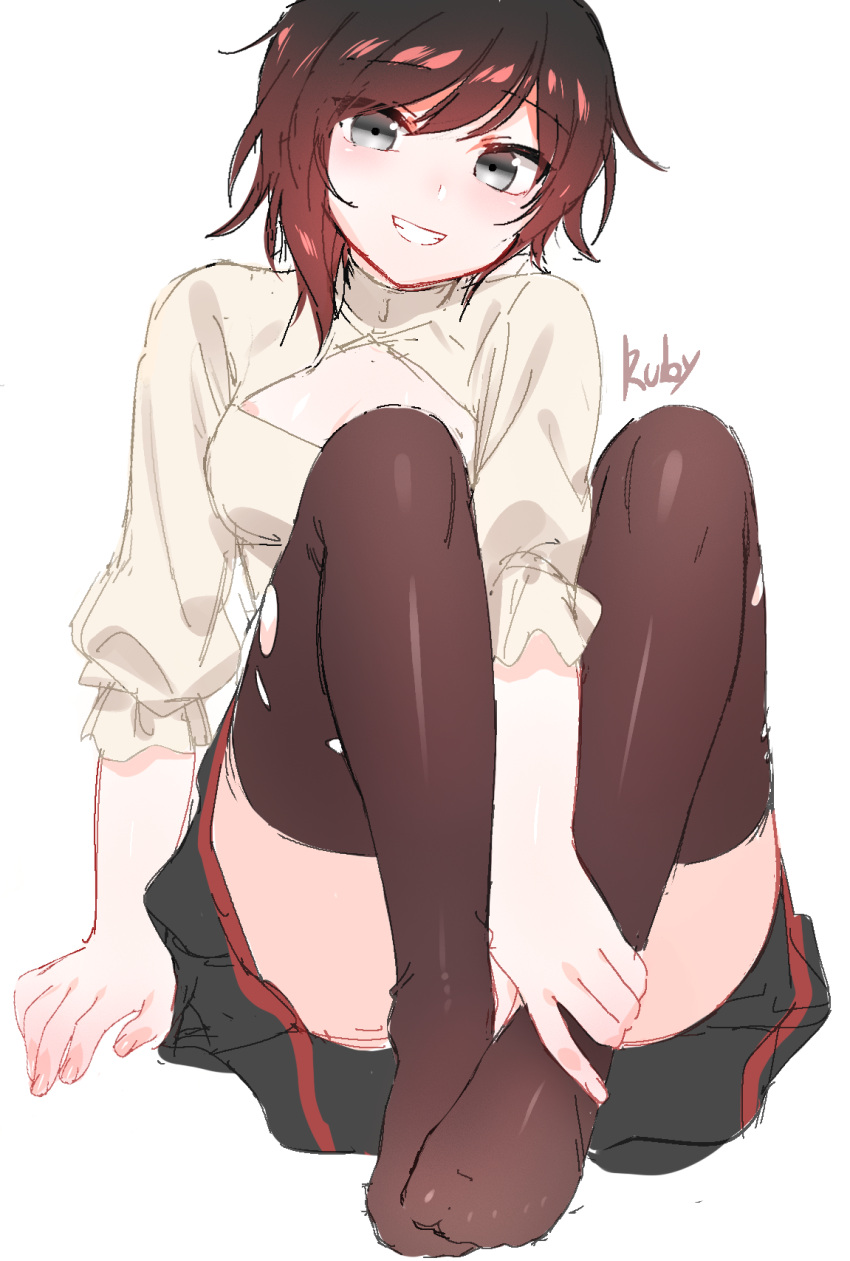 1girl :d ankle_grab arm_support blush breasts brown_hair character_name cleavage cleavage_cutout convenient_censoring convenient_leg feet grey_eyes grin hands_on_feet highres looking_at_viewer medium_breasts ndgd_(bean1215) no_shoes ruby_rose rwby short_hair sitting sketch skirt smile solo thigh-highs thighs torn_clothes torn_thighhighs upskirt white_background