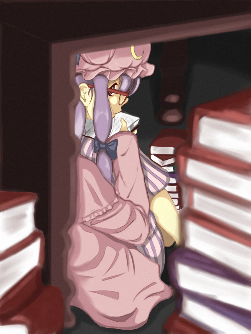 1girl book glasses highres patchouli_knowledge peeking purple_hair ramnik5 reading solo touhou under_table