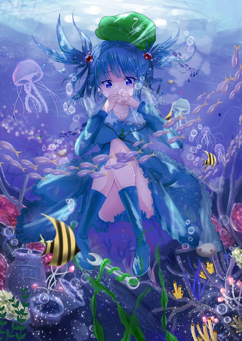 1girl absurdres blue_boots blue_eyes blue_hair boots bow daikazoku63 fish green_hat hair_bow hat highres holding_breath jellyfish kawashiro_nitori key looking_away looking_down short_hair solo touhou twintails underwater wrench