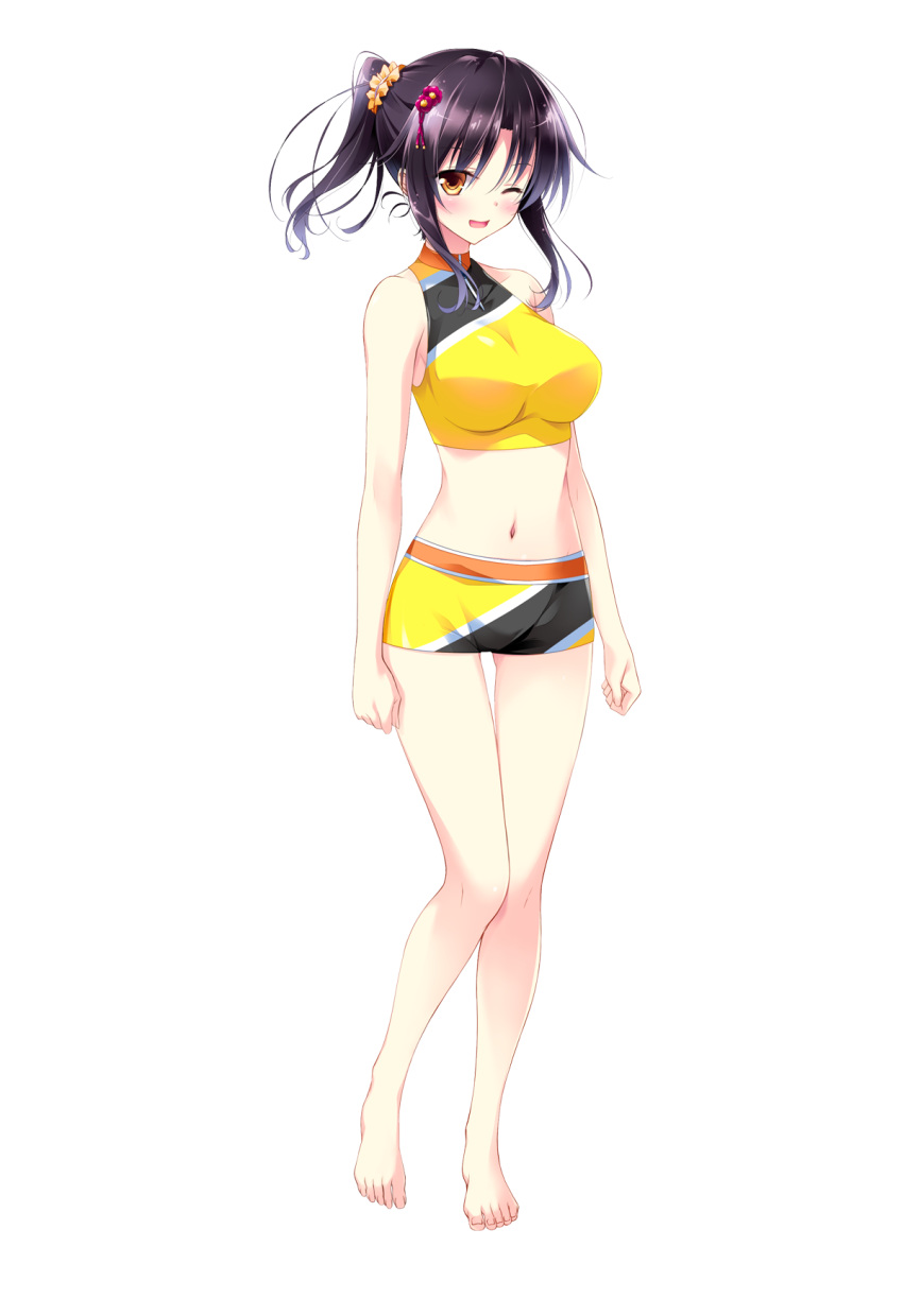 1girl bangs bare_shoulders barefoot black_hair blush breasts brown_eyes eyebrows_visible_through_hair feet full_body golden_marriage hair_ornament hayakawa_harui highres looking_at_viewer medium_breasts midriff navel official_art one_eye_closed open_mouth shimakage_ruri shorts solo spandex standing swimsuit toes transparent_background