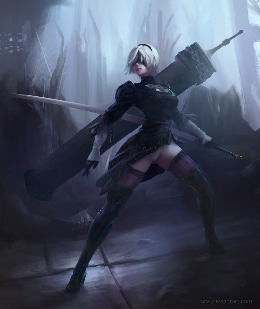 1girl arms_at_sides arvl black_boots black_dress black_gloves black_hairband black_legwear black_ribbon blindfold boots breasts broadsword brown_legwear chains cleavage cleavage_cutout closed_mouth covered_eyes deviantart_username dress feather-trimmed_sleeves feather_trim full_body gloves gluteal_fold greatsword hair_over_eyes hairband high_heel_boots high_heels highleg highleg_leotard highres holding holding_sword holding_weapon huge_weapon juliet_sleeves katana legs_apart leotard long_sleeves medium_breasts nier_(series) nier_automata no_mole nose pink_lips print_dress puffy_sleeves ribbon short_dress short_hair side_slit silver_hair skindentation solo standing sword thigh-highs thigh_boots thighhighs_under_boots turtleneck vambraces weapon weapon_on_back white_leotard yorha_no._2_type_b