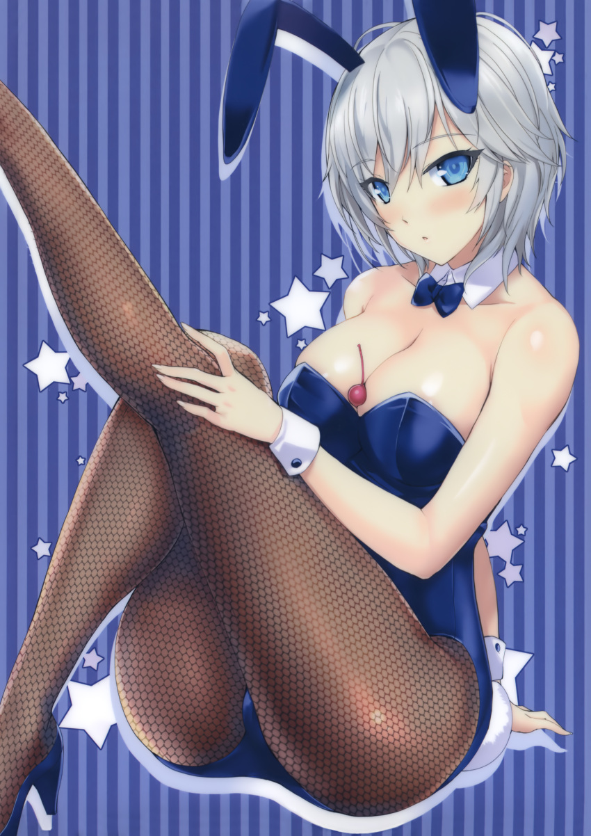 1girl absurdres anastasia_(idolmaster) animal_ears arm_at_side arm_support bangs bare_arms bare_shoulders between_breasts black_leotard blue_bow blue_bowtie blue_eyes blue_leotard blush bow bowtie breasts brown_legwear bunny_girl bunny_tail bunnysuit cleavage collarbone detached_collar eyebrows_visible_through_hair fingernails fishnet_pantyhose fishnets food_between_breasts grey_hair hair_between_eyes high_heels highres idolmaster idolmaster_cinderella_girls knee_up large_breasts leg_up leotard long_fingernails looking_at_viewer onigirikun open_mouth pantyhose rabbit_ears scan short_hair solo strapless strapless_leotard tail wrist_cuffs