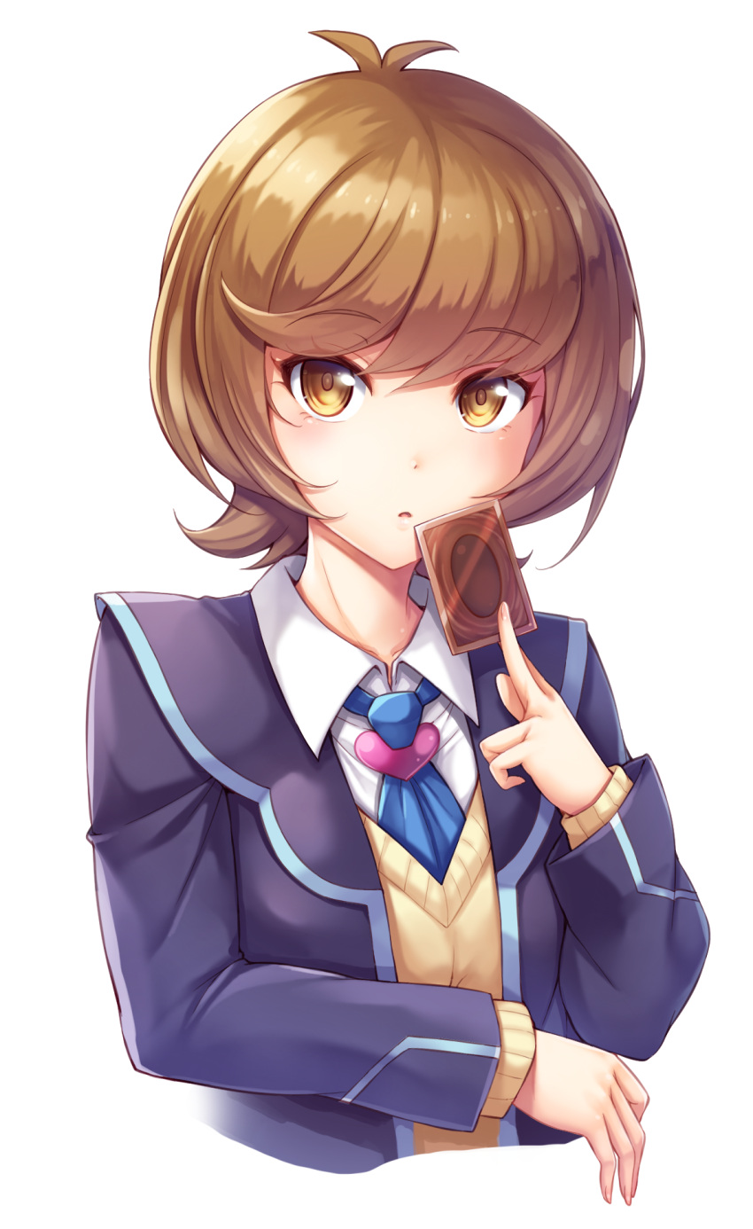 1girl bangs blazer blue_necktie blush brown_eyes brown_hair card highres jacket long_sleeves looking_at_viewer necktie open_blazer open_clothes open_jacket parted_lips school_uniform short_hair snowcanvas solo sweater_vest swept_bangs upper_body yu-gi-oh! yuu-gi-ou_vrains zaizen_aoi