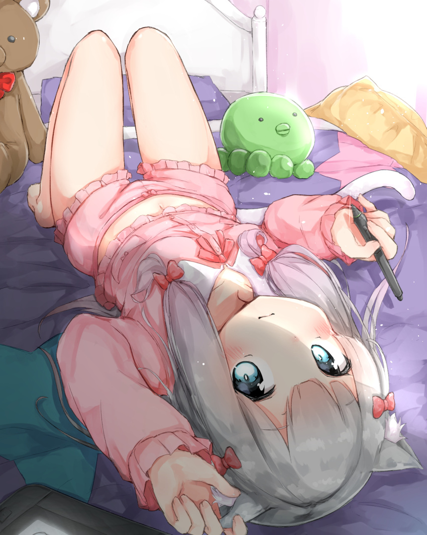 1girl 3: animal_ears bangs barefoot blue_eyes blush bow cat_ears cat_tail closed_mouth eromanga_sensei eyebrows_visible_through_hair hair_bow highres holding indoors izumi_sagiri kemonomimi_mode long_hair looking_at_viewer lying navel nosetissue on_back on_bed pajamas solo stuffed_animal stuffed_octopus stuffed_toy stylus tablet tail tareme teddy_bear thighs upside-down