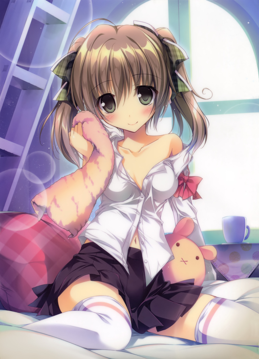 1girl :d :x absurdres ahoge argyle argyle_pillow arm_at_side bangs bare_shoulders bed_sheet black_skirt blush bow bra breasts brown_hair buttons closed_mouth collarbone cup day dress_shirt eyebrows_visible_through_hair eyelashes green_eyes hair_between_eyes hair_bow hair_ornament hand_to_head hand_up highres indoors karory lens_flare looking_at_viewer medium_hair miniskirt mug navel off_shoulder on_bed open_mouth pillow pink_bra plaid plaid_bow pleated_skirt rashinban renren_(ranshinban) scan school_uniform shirt sitting sitting_on_bed skirt small_breasts smile solo stuffed_animal stuffed_bunny stuffed_toy thigh-highs towel twintails two_side_up unbuttoned unbuttoned_shirt underwear wariza white_legwear white_shirt window