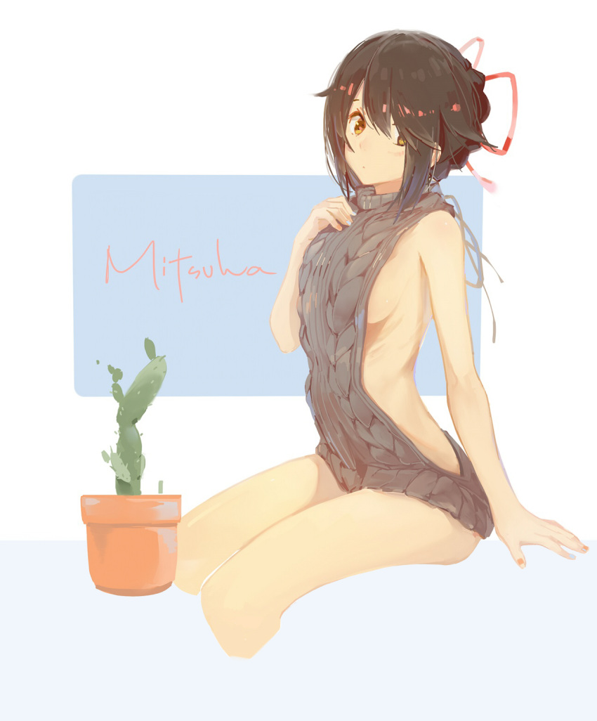 1girl black_hair breasts brown_eyes cactus character_name commentary_request cropped_legs hair_ribbon hana_mori hand_on_own_chest highres kimi_no_na_wa medium_breasts meme_attire miyamizu_mitsuha nail_polish naked_sweater plant potted_plant red_ribbon ribbon short_hair sideboob sitting solo sweater virgin_killer_sweater