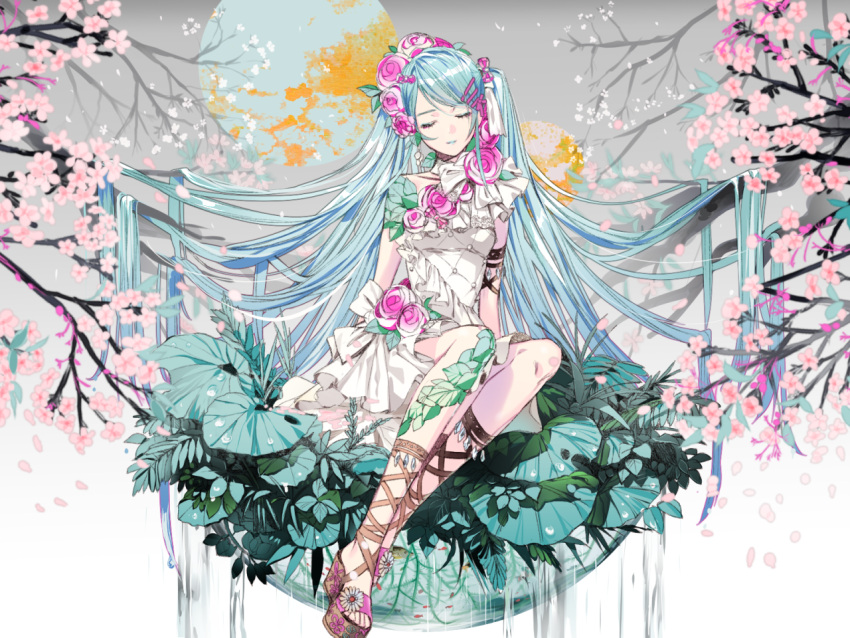 1girl arm_garter blue_hair cherry_blossoms cross-laced_footwear dress fish fishbowl flower g.g.lemon hair_flower hair_ornament hatsune_miku headdress leaf lipstick long_hair makeup platform_footwear sitting vocaloid water white_dress