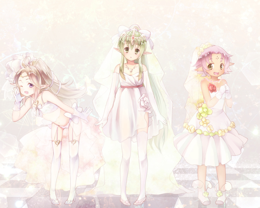 3girls ahoge blush bridal_veil chiki dress elbow_gloves fa fire_emblem fire_emblem:_fuuin_no_tsurugi fire_emblem:_kakusei fire_emblem:_mystery_of_the_emblem fire_emblem_heroes flower full_body garter_straps gloves green_eyes green_hair long_hair looking_at_viewer multiple_girls nowi_(fire_emblem) oka_(umanihiki) panties pink_hair pointy_ears ponytail rose short_hair underwear veil wedding_dress white_dress