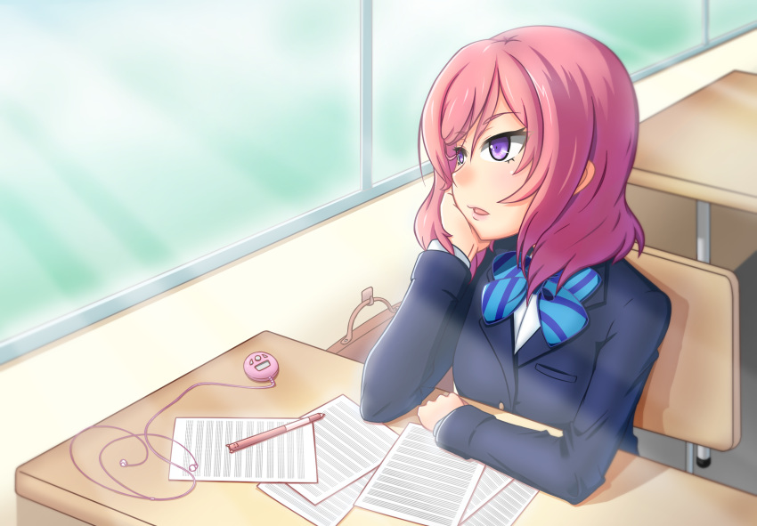 1girl blazer blue_bow blue_bowtie blush bow bowtie chin_rest classroom desk digital_media_player earphones earphones headphones highres jacket long_sleeves looking_out_window love_live! love_live!_school_idol_project mechanical_pencil nishikino_maki nuenya parted_lips pencil redhead school_chair school_desk school_uniform sheet_music solo striped striped_bow striped_bowtie sunlight violet_eyes window