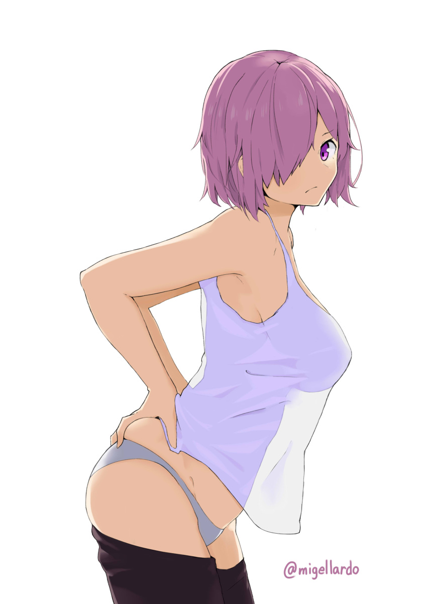 &gt;:( 1girl absurdres alternate_costume armpits arms_behind_back bare_arms bare_shoulders black_legwear breasts closed_mouth commentary cowboy_shot fate/grand_order fate_(series) from_side grey_panties hair_over_one_eye highres kion-kun large_breasts leaning_forward looking_at_viewer looking_to_the_side panties pink_eyes pink_hair see-through see-through_silhouette shielder_(fate/grand_order) short_hair sleeveless solo standing tank_top thigh-highs twitter_username underwear