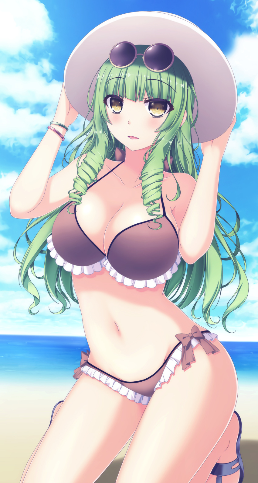 1girl a1q2sw absurdres bangs bare_arms bare_legs bare_shoulders beach bikini blue_sky blunt_bangs blush bow bow_bikini breasts brown_bikini brown_bow cleavage clouds cloudy_sky collarbone commentary day drill_locks frilled_bikini frills green_eyes groin hands_on_headwear hands_up hat highres kneehighs large_breasts legs long_hair looking_at_viewer nanomate3 navel ocean open_mouth original outdoors sand sandals sidelocks sky smile solo stomach sunglasses sunglasses_on_head swimsuit water white_hat wrist_straps yellow_eyes