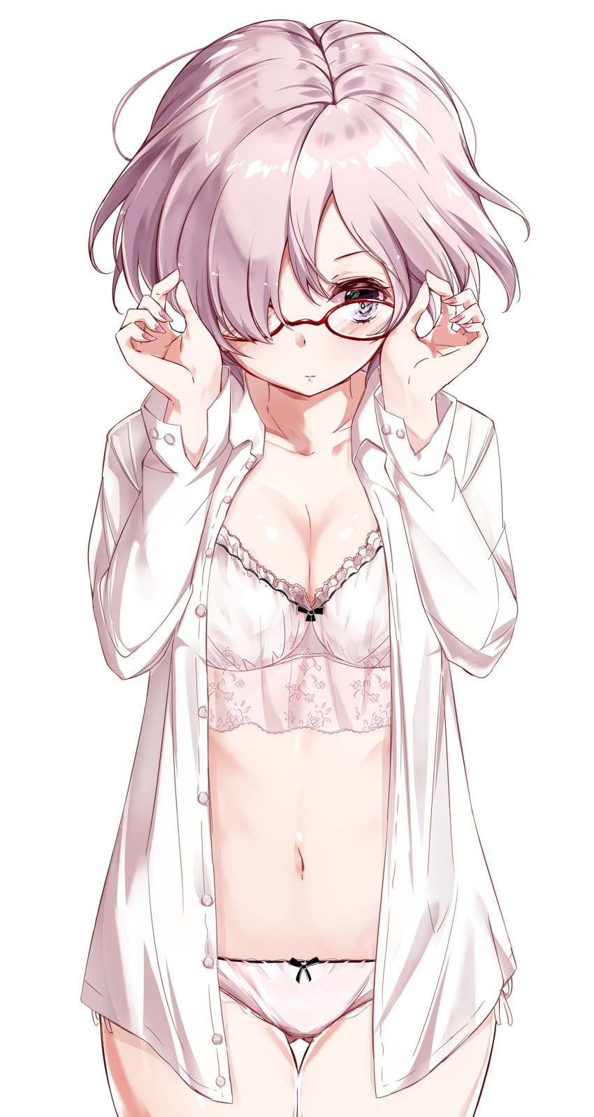 1girl absurdres bow bow_bra bow_panties bra breasts cleavage collarbone cowboy_shot eyes_visible_through_hair fate/grand_order fate_(series) glasses gluteal_fold highres kengorou_saemon_ii_sei large_breasts long_sleeves looking_at_viewer midriff navel open_clothes open_shirt panties pink_bra pink_panties purple_hair red-framed_eyewear shielder_(fate/grand_order) shirt short_hair simple_background solo thigh_gap underwear violet_eyes white_background