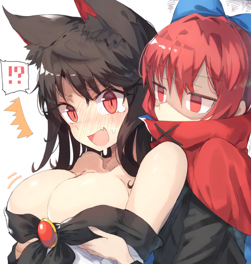 !? 2girls animal_ears bare_shoulders bei_mochi blue_bow blush bow breast_envy breast_grab breasts brooch brown_hair cleavage covered_mouth empty_eyes full-face_blush grabbing grabbing_from_behind hair_bow imaizumi_kagerou jewelry jitome large_breasts multiple_girls red_eyes redhead sekibanki shaded_face sweat tears touhou upper_body wolf_ears yuri