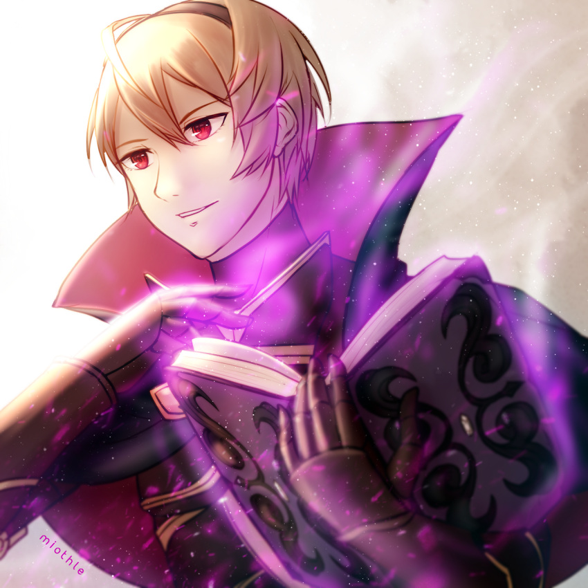 1boy blonde_hair book fire_emblem fire_emblem_if gauntlets hair_ornament highres holding holding_book leon_(fire_emblem_if) red_eyes smile smirk solo tiara